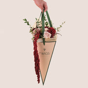 Manar’s Choice – Burgundy & Neutral Flowers Hand Bouquet in TWIGS Cone Bag