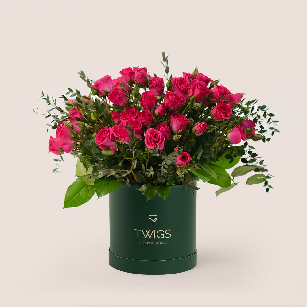 Deluxe Fuchsia Spray Roses Flower Box – A Bold and Elegant Floral Statement