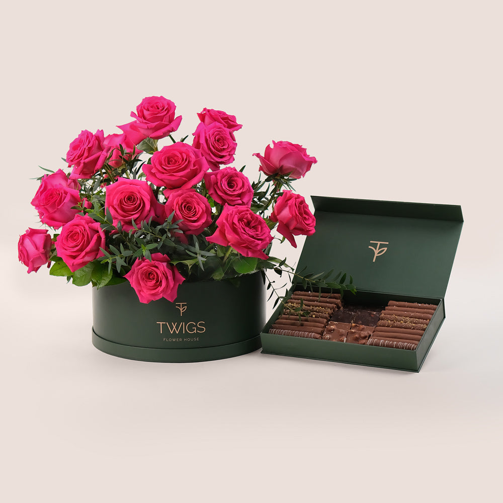 Grande Pink Round Box Indulgence Bundle – Roses & Handcrafted Chocolate Assortment – A Luxurious Pairing of Beauty and Flavor