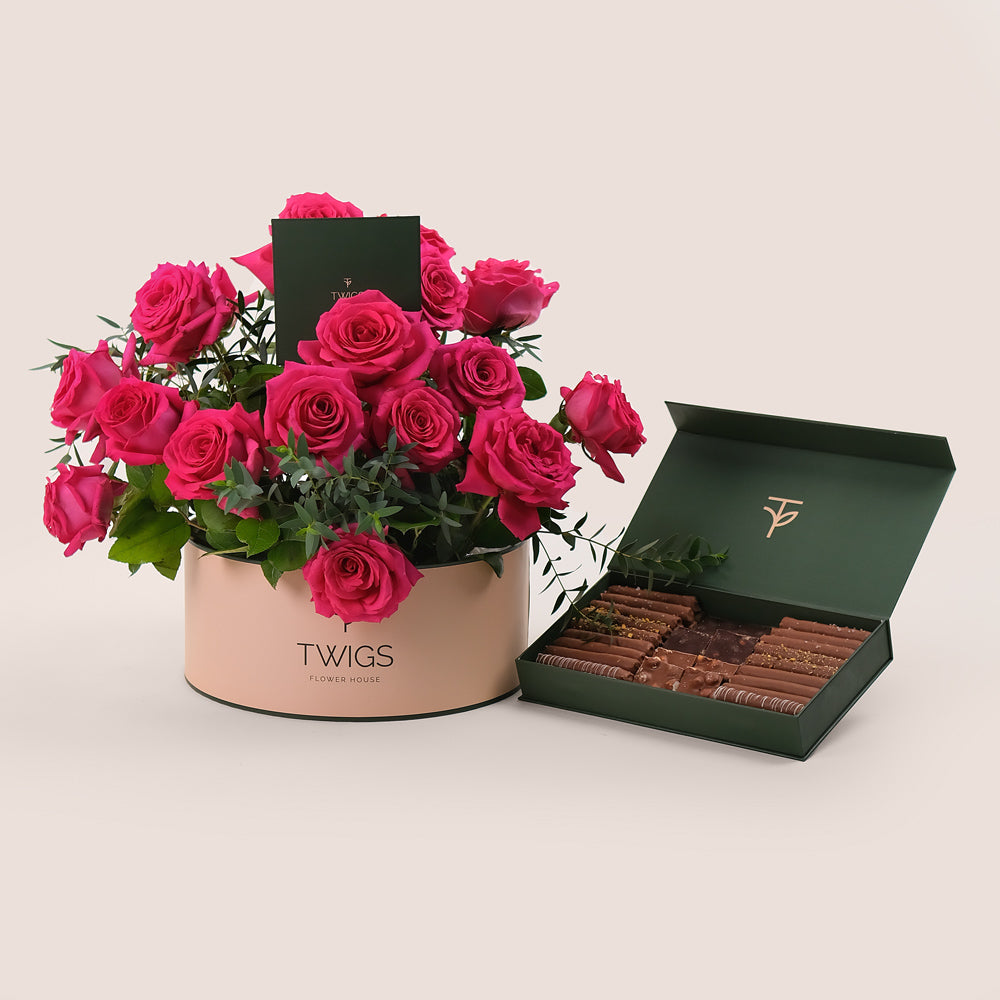 Grande Pink Round Box Indulgence Bundle – Roses & Handcrafted Chocolate Assortment – A Luxurious Pairing of Beauty and Flavor