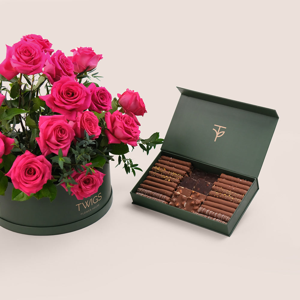 Grande Pink Round Box Indulgence Bundle – Roses & Handcrafted Chocolate Assortment – A Luxurious Pairing of Beauty and Flavor