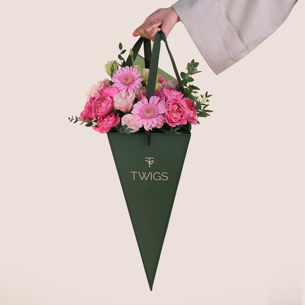 Fuchsia & Pastels Flower Cone – Cerise Juliet Roses & More – A Modern Bouquet of Beauty