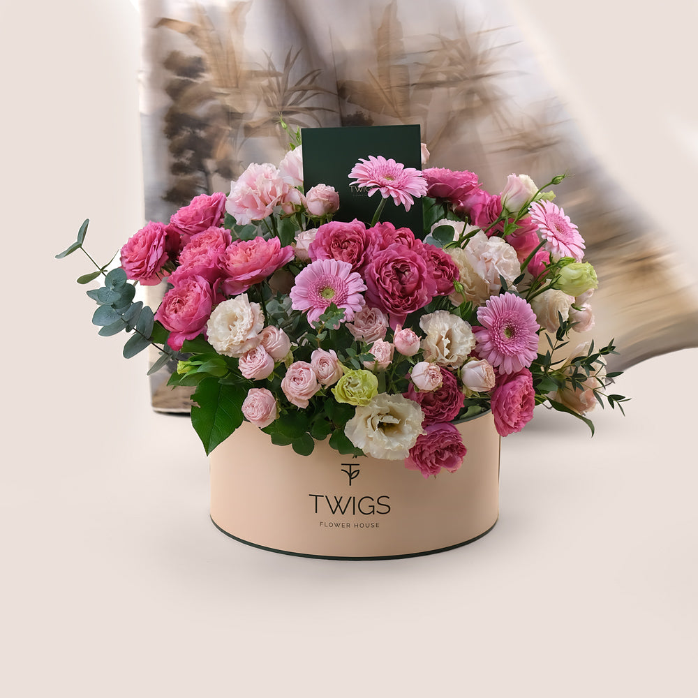 Fuchsia & Pastels Flower Box – Grande Gift with Juliet Roses & More – A Perfect Blend of Bold & Soft Tones