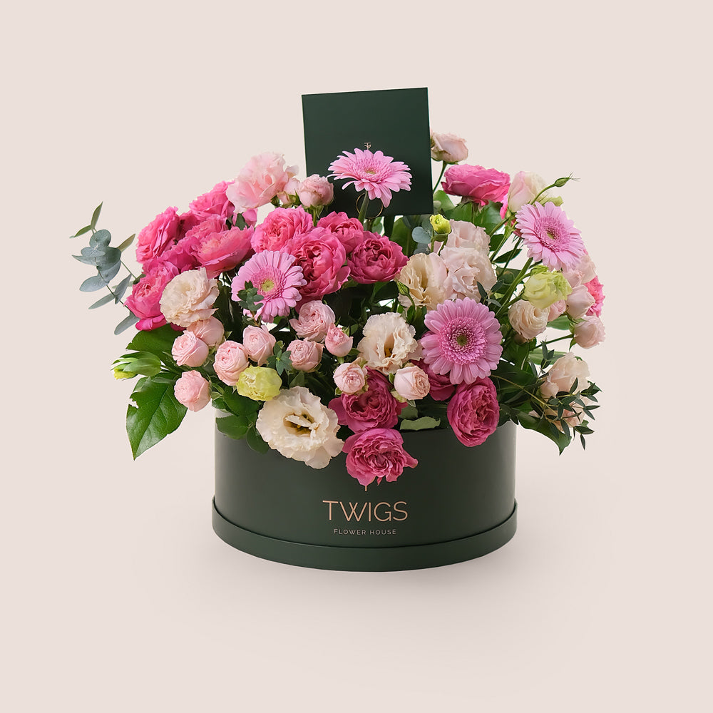 Fuchsia & Pastels Flower Box – Grande Gift with Juliet Roses & More – A Perfect Blend of Bold & Soft Tones