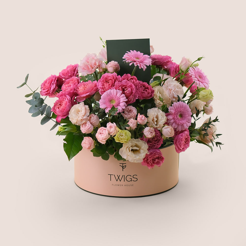 Fuchsia & Pastels Flower Box – Grande Gift with Juliet Roses & More – A Perfect Blend of Bold & Soft Tones