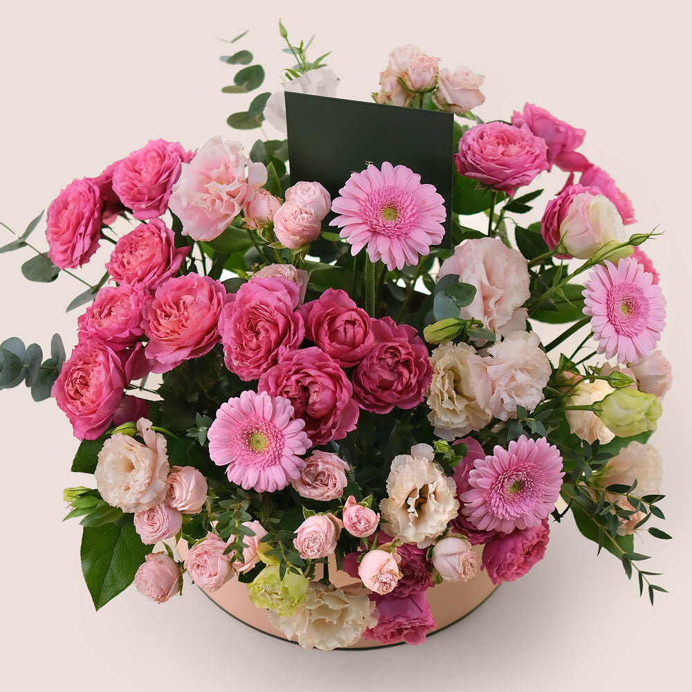 Fuchsia & Pastels Flower Box – Grande Gift with Juliet Roses & More – A Perfect Blend of Bold & Soft Tones