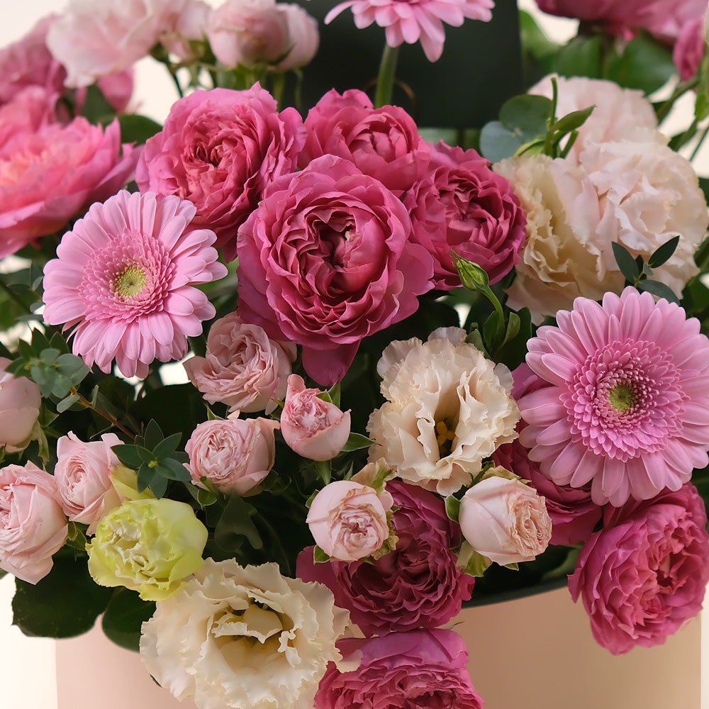 Fuchsia & Pastels Flower Box – Grande Gift with Juliet Roses & More – A Perfect Blend of Bold & Soft Tones