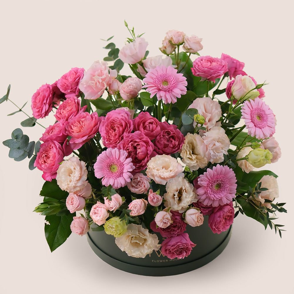 Fuchsia & Pastels Flower Box – Grande Gift with Juliet Roses & More – A Perfect Blend of Bold & Soft Tones