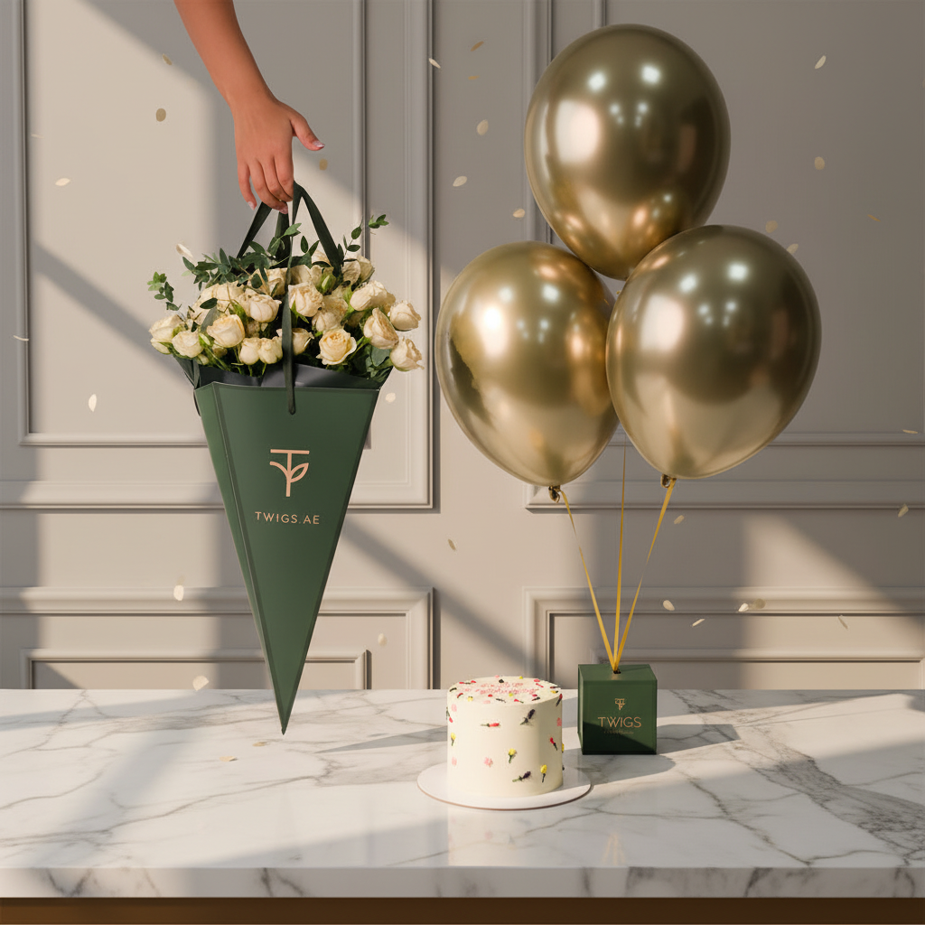 Golden Bliss Cone Salinero Spray Roses, Balloons & Birthday Cake Bundle Scene