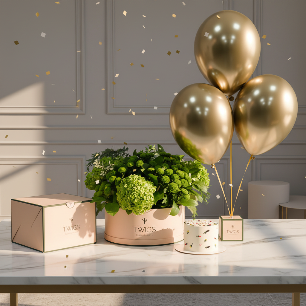 Grande Flowers Round Box, Cake & Balloons Bundle Scene