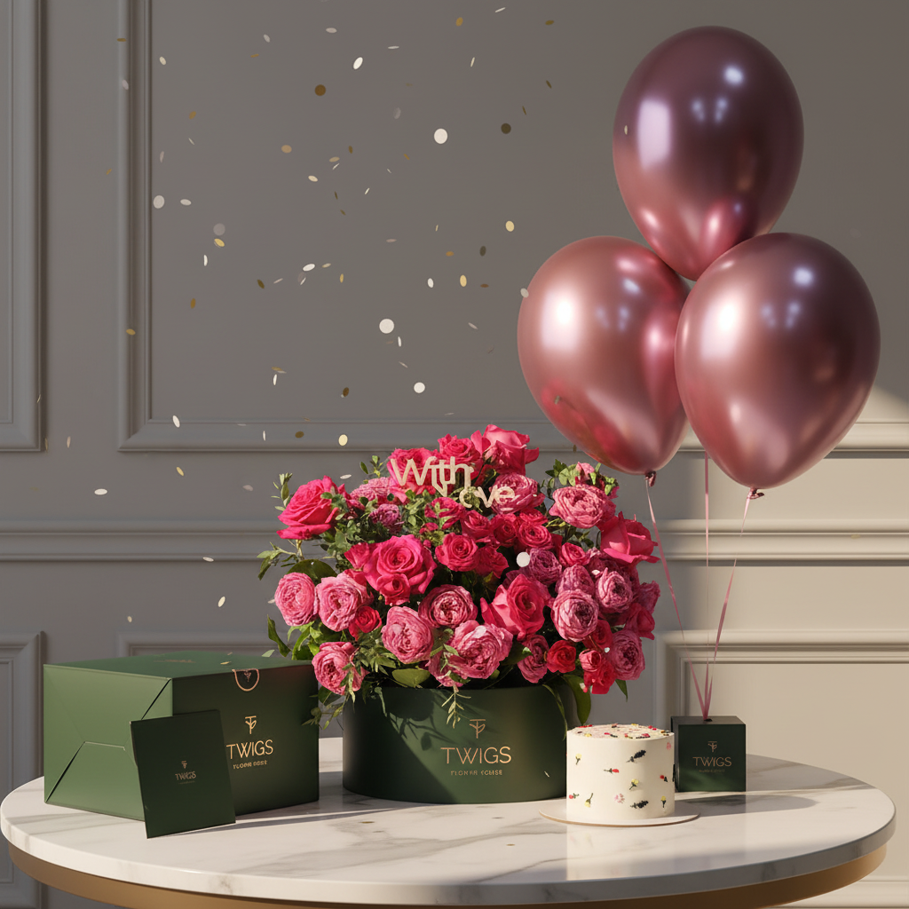 Grande Fuchsia Rose Box with Floral Birthday Cake & Pink Balloons Scene