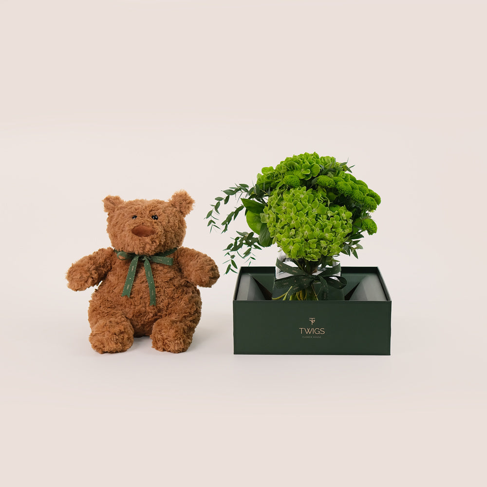 Green Flowers Vase & Teddy Bear Vase Bundle – A Perfect Blend of Nature’s Beauty and Cozy Cuddles