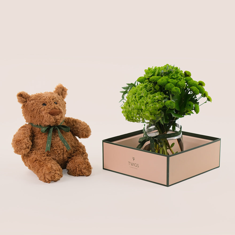 Green Flowers Vase & Teddy Bear Vase Bundle – A Perfect Blend of Nature’s Beauty and Cozy Cuddles