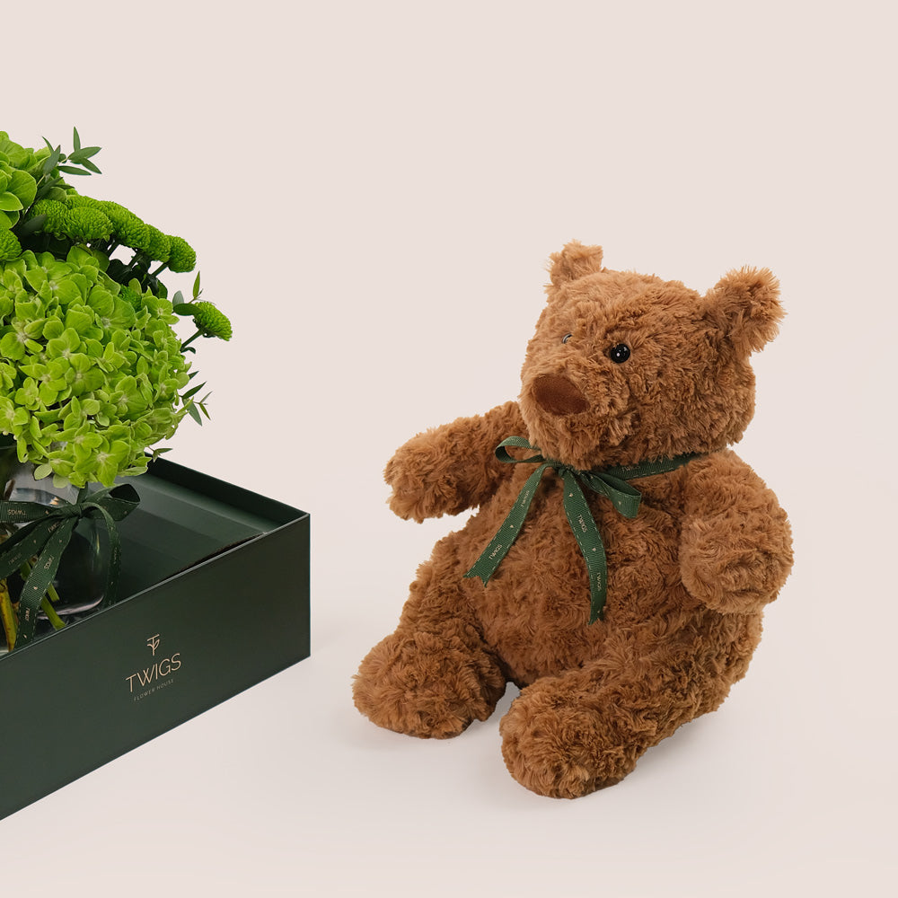 Green Flowers Vase & Teddy Bear Vase Bundle – A Perfect Blend of Nature’s Beauty and Cozy Cuddles