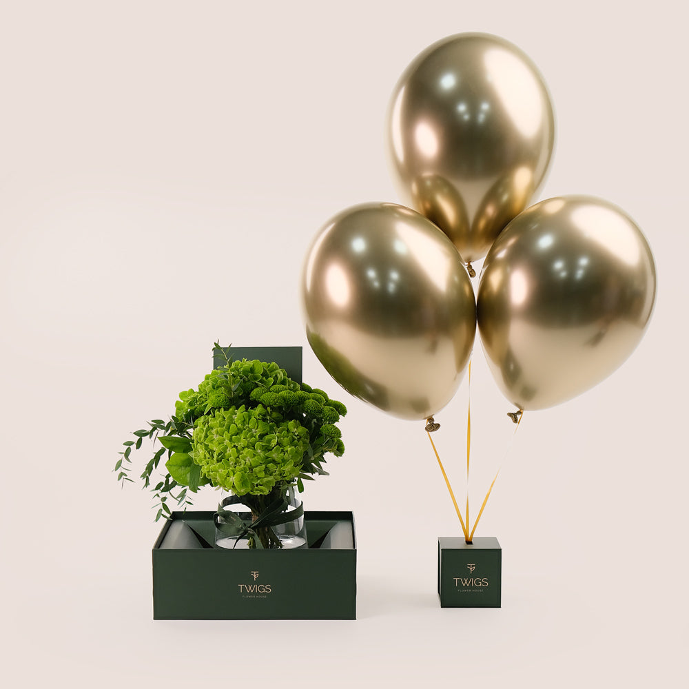 Green Flowers Glass Vase & Gold Balloons Vase Bundle – A Perfect Blend of Natural Beauty and Celebration