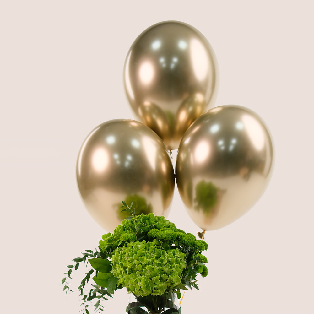 Green Flowers Glass Vase & Gold Balloons Vase Bundle – A Perfect Blend of Natural Beauty and Celebration