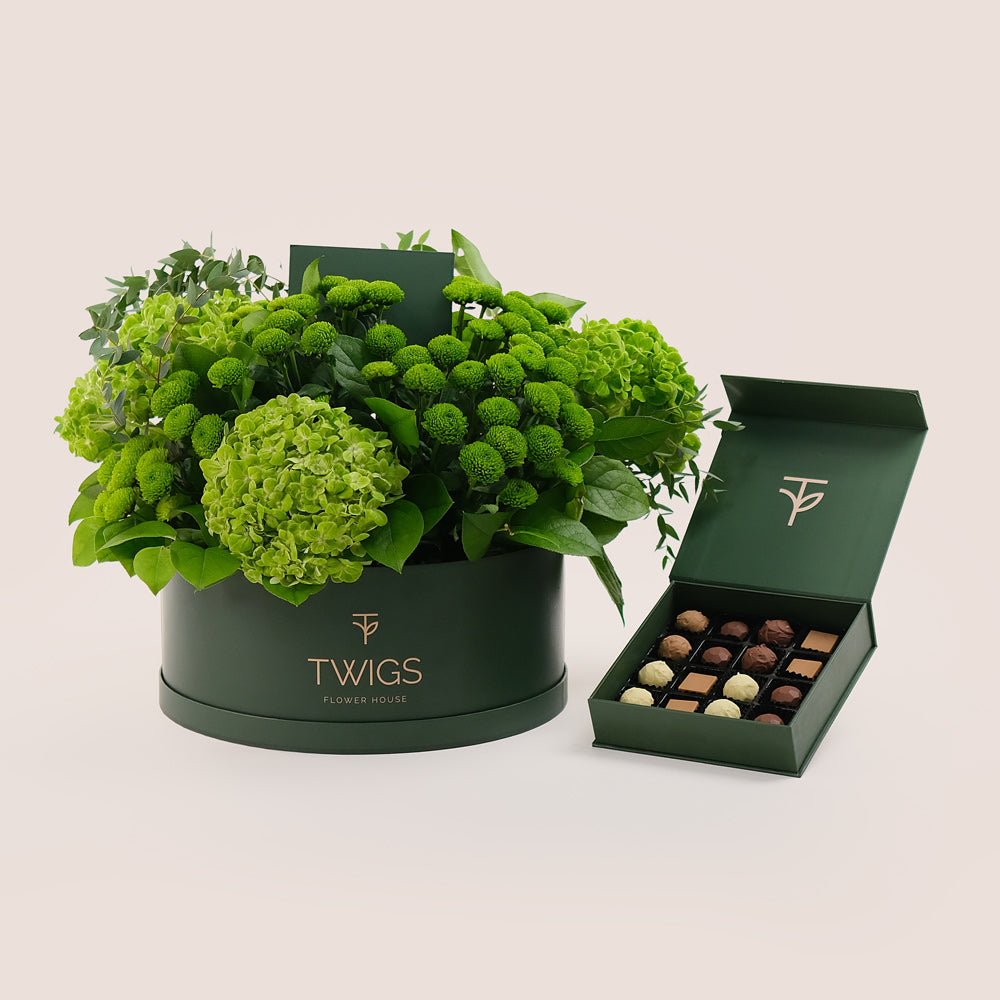 Grande Green Blooms Round Box & Chocolate Delights –  – A Luxurious Gift of Nature and Sweetness