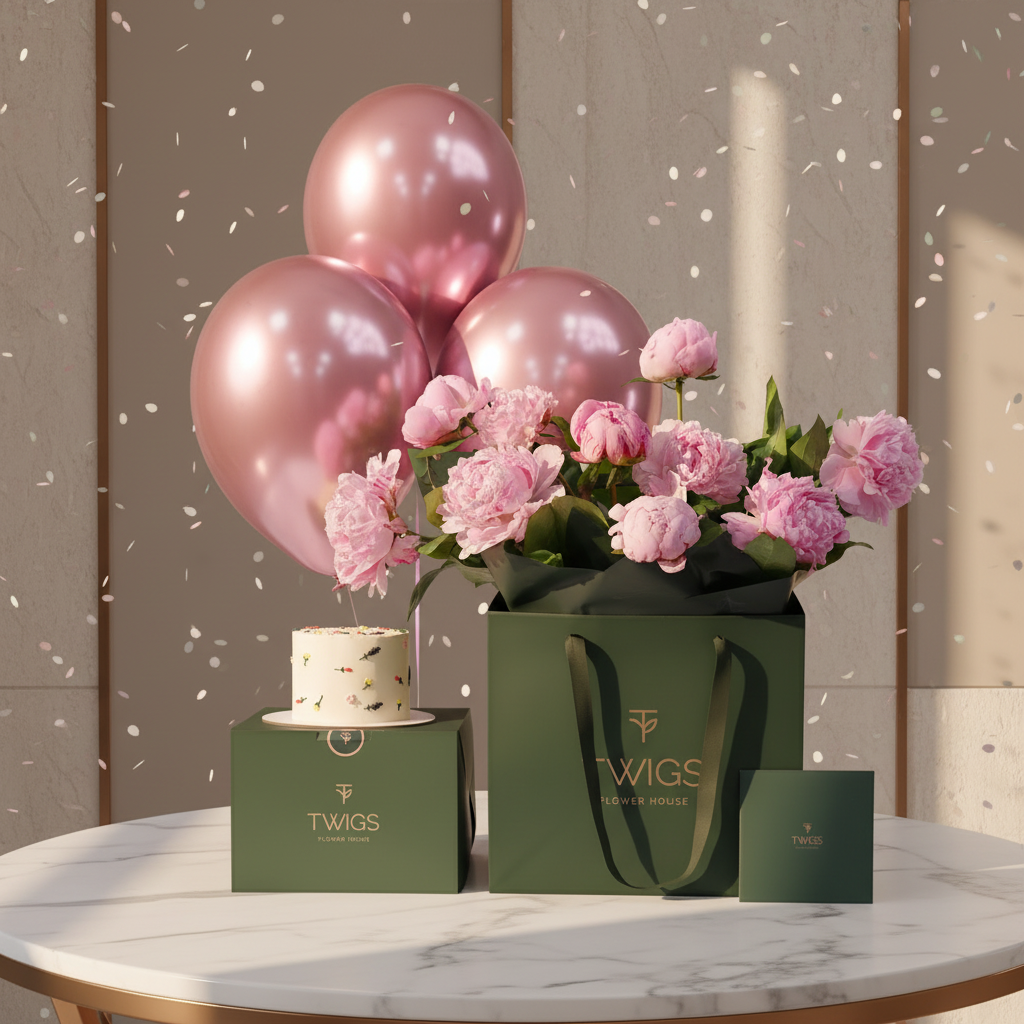 Hand-Tied Peonies Birthday Bundle on Marble Table