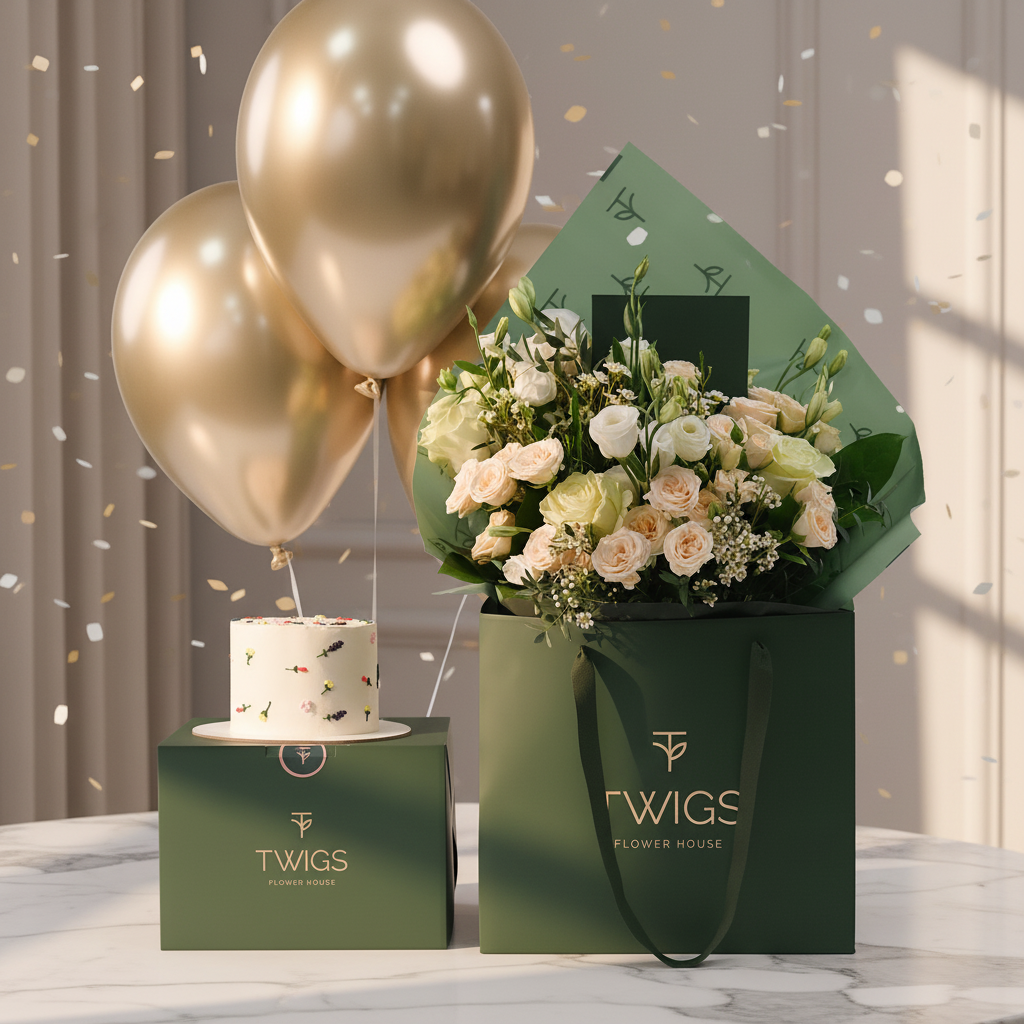 Ivory Bloom Flower Bouquet Birthday Bundle on Marble Table