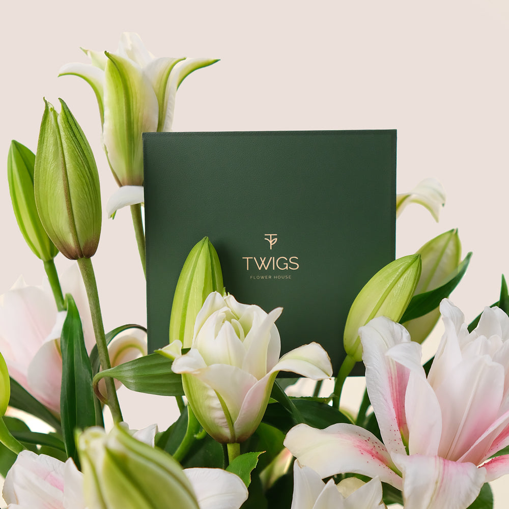 Deluxe Lilies Flower Box – A Graceful Blend of White and Pink Lilies