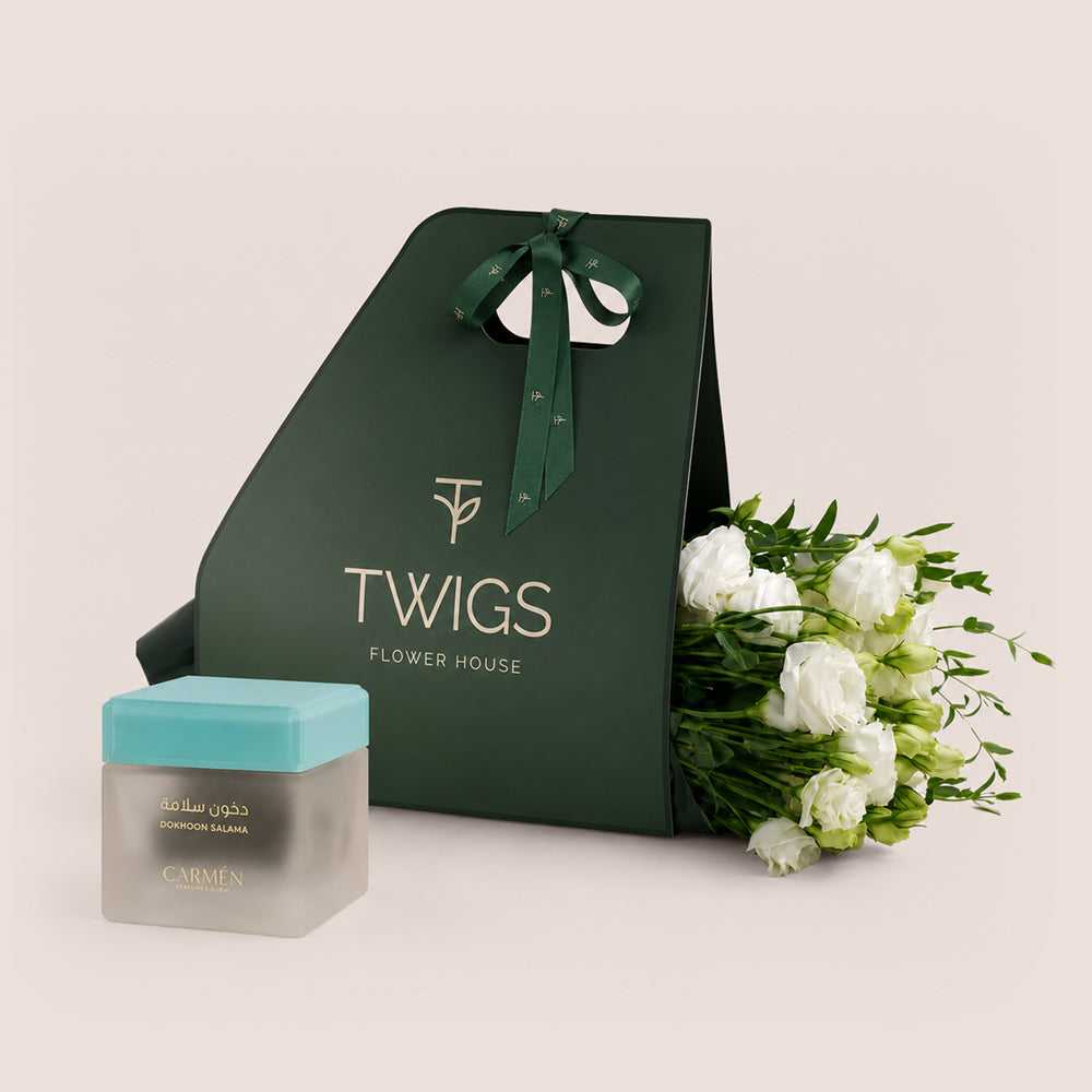 Serenity in White Lisianthus Bouquet + Dokhoon Salama by Carmen Perfumes
