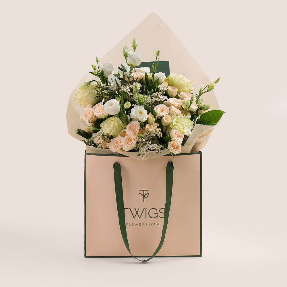 Pastel Mixed Flower Bouquet – Subtle Elegance in Our Signature TWIGS Bag