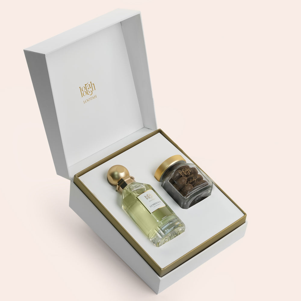 Lootah Glow Box gift set with Luminous perfume and Bint Al Shyookh incense, flower add-on, Dubai UAE