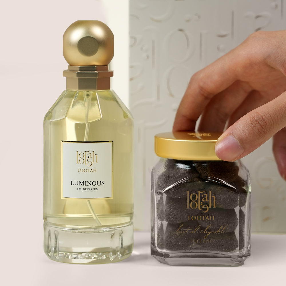 Lootah Glow Box gift set with Luminous perfume and Bint Al Shyookh incense, flower add-on, Dubai UAE