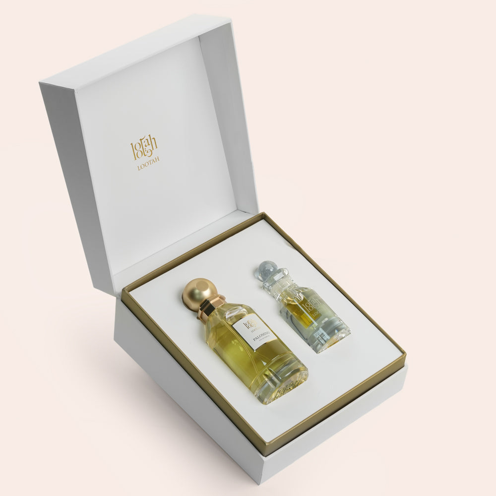 Lootah Layali Sultan gift box with Palomino perfume and Bu Sultan perfume oil, flower add-on gift Dubai UAE