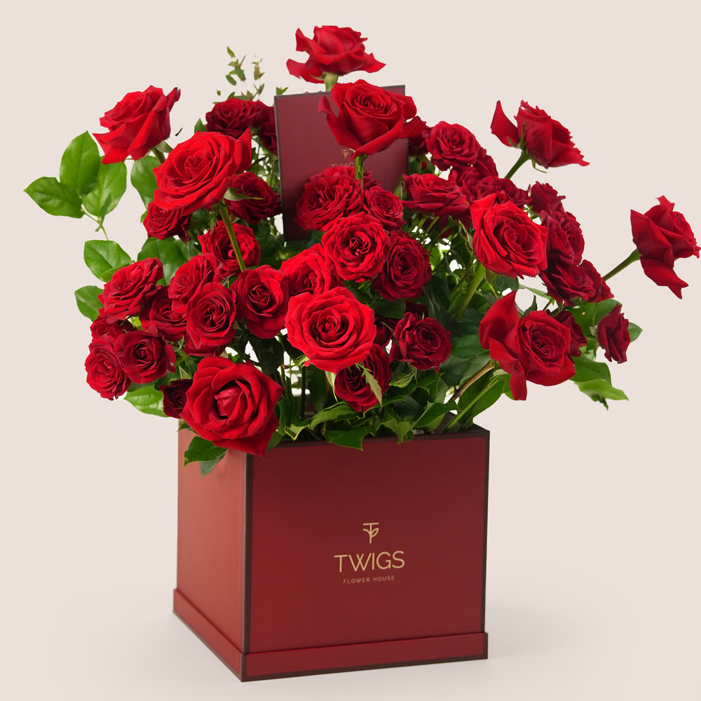 luxury valentine rose arrangement in square box for flower delivery dubai
