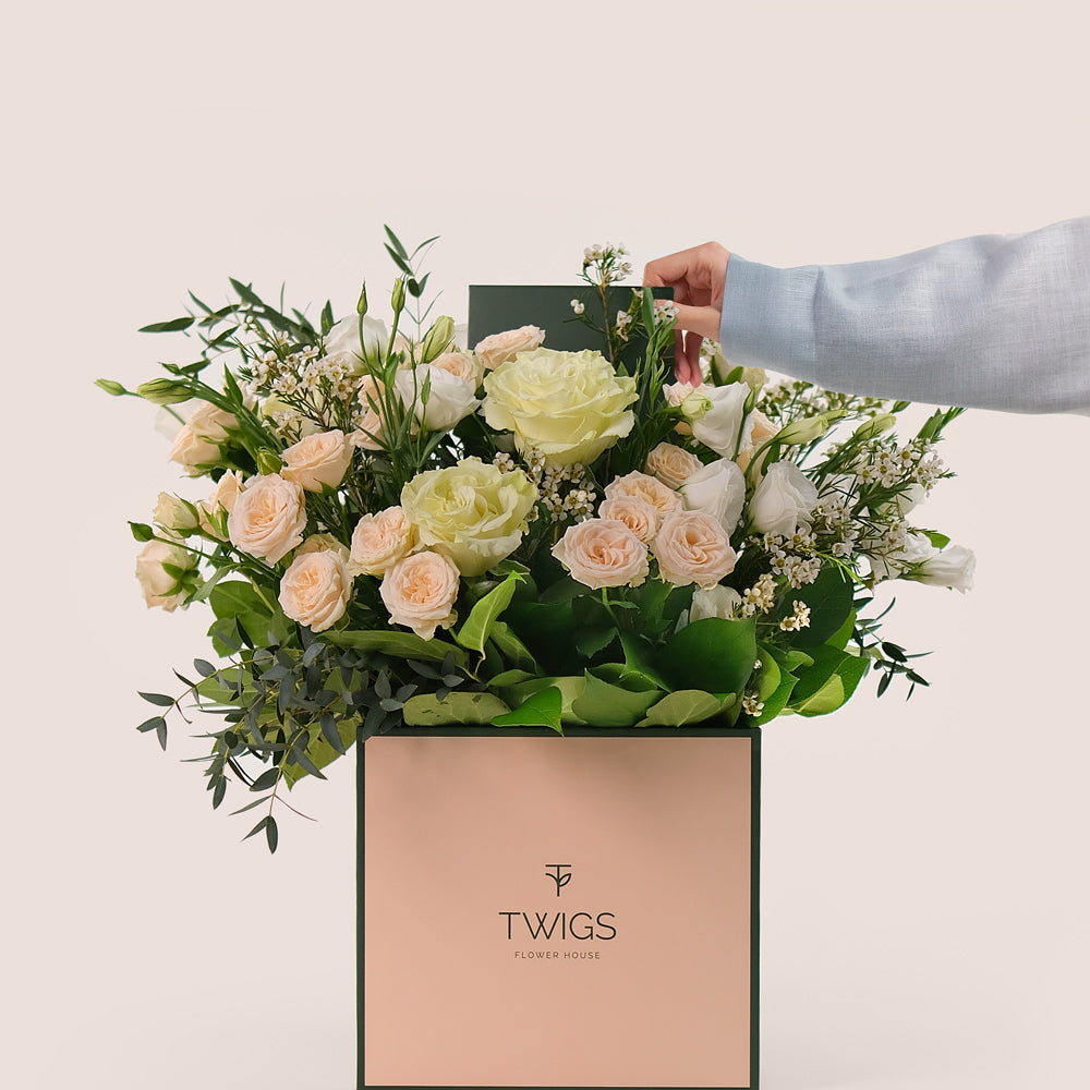 Ivory Bloom in TWIGS Signature Square Flower Box – Elegant Mother’s Day Gift