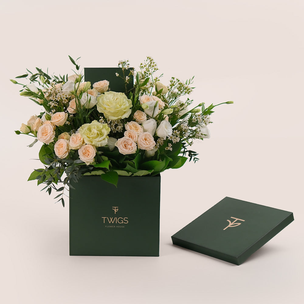 Ivory Bloom in TWIGS Signature Square Flower Box – Elegant Mother’s Day Gift