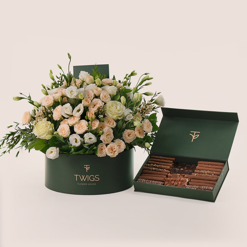 Ivory Bloom Mother's Day Flower Box & Artisan Chocolate Gift Set