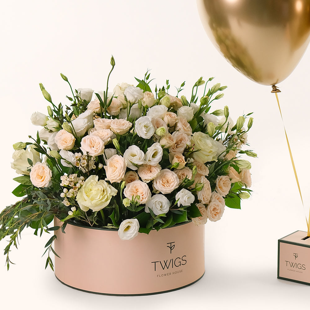 Ivory Bloom Mother's Day Flower Box & Gold Balloons Bundle