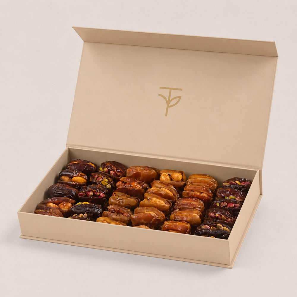 Premium Gourmet Stuffed Dates Gift Box – Assorted Cashew, Almond, Raspberry, Walnut & Hazelnut