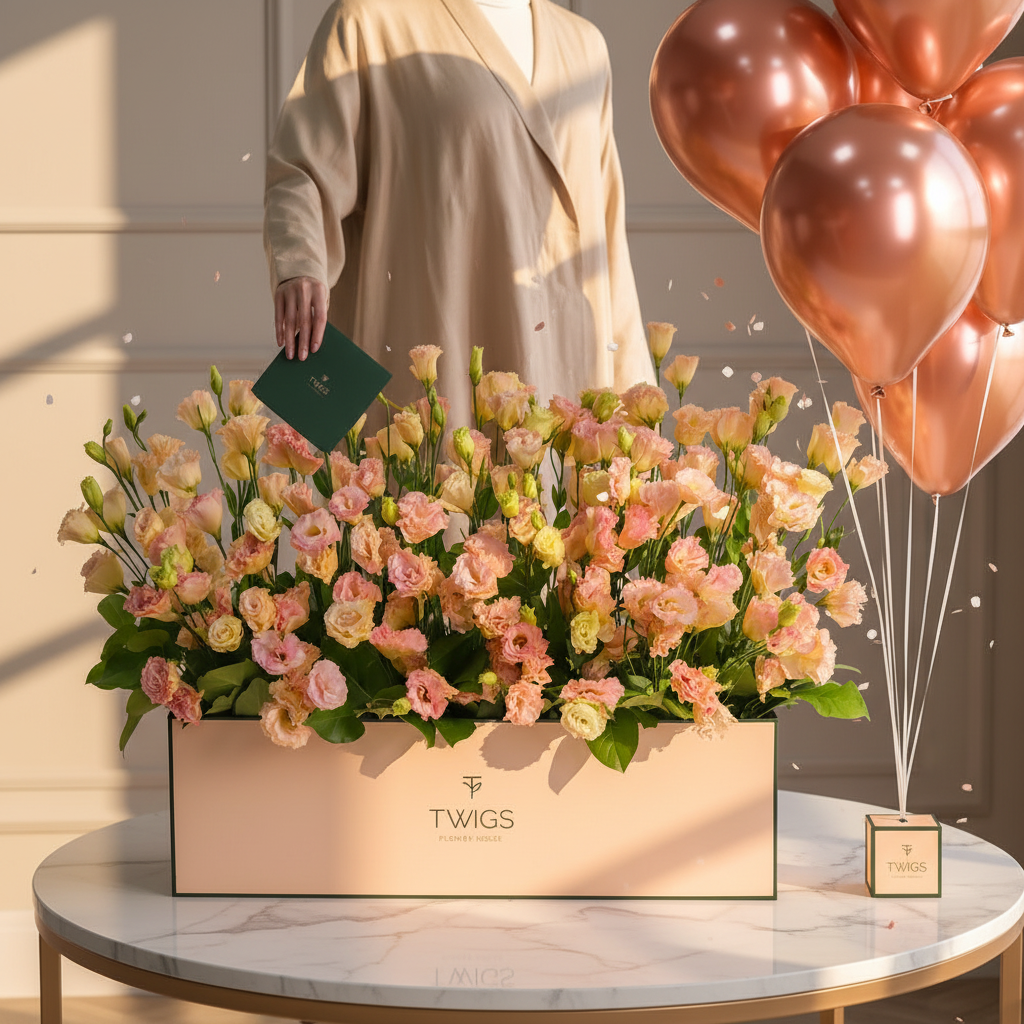Peach Flower Garden Box with Person on Marble Table