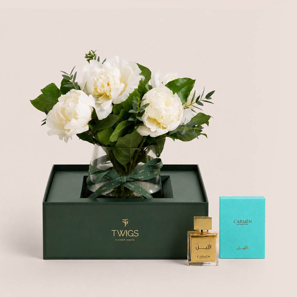 Ivory White Peonies in a Vase + Al Lil Perfume by Carmen Perfumes