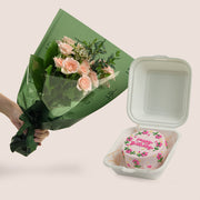 Pink rose mini bouquet with chocolate birthday bento cake — birthday flower delivery Dubai