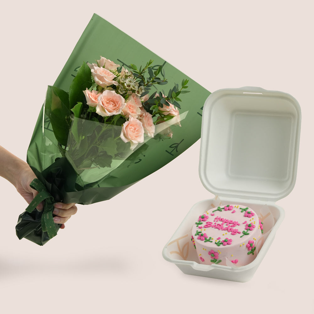 Pink rose mini bouquet with chocolate birthday bento cake — birthday flower delivery Dubai