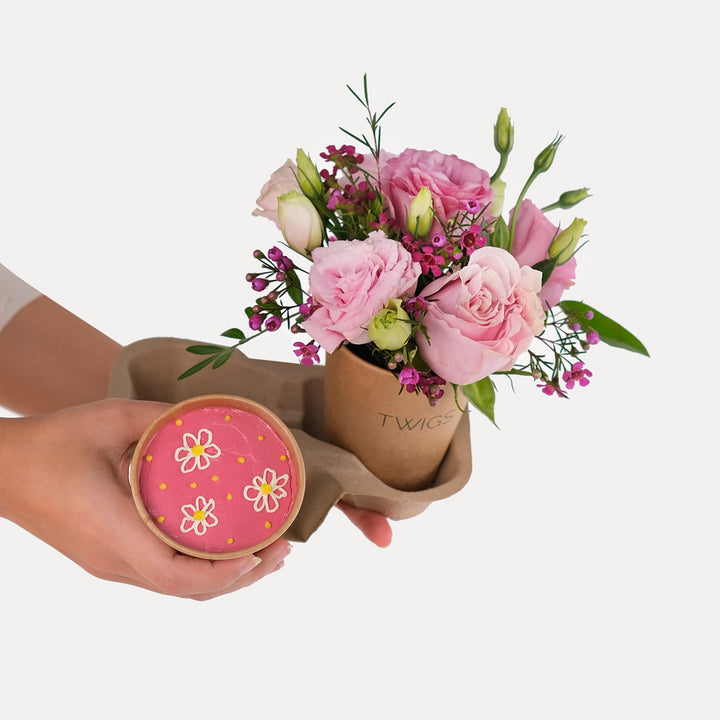 CHOCOLATE CUP CAKE & PINK FLOWERS COMBO