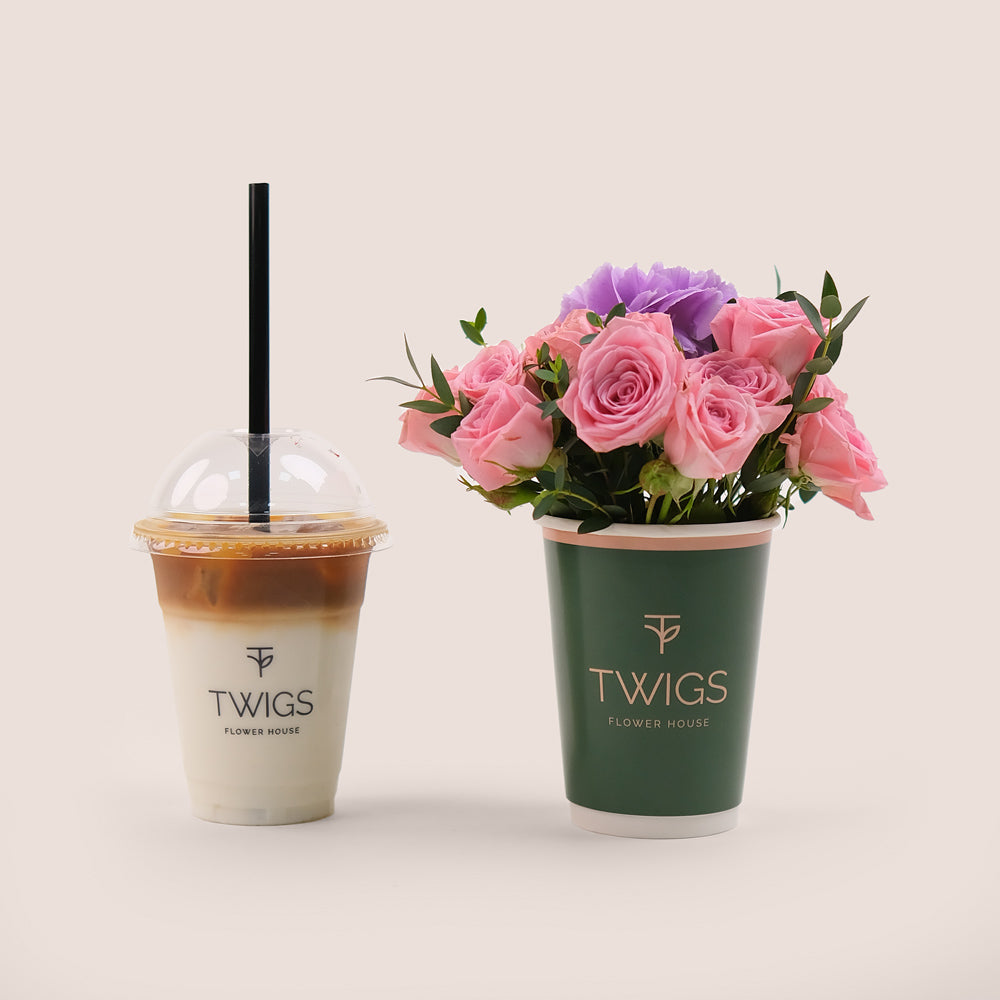 Floral Latte Duo – Roses & Iced Spanish Latte Gift– A Unique and Refreshing Gift Experience