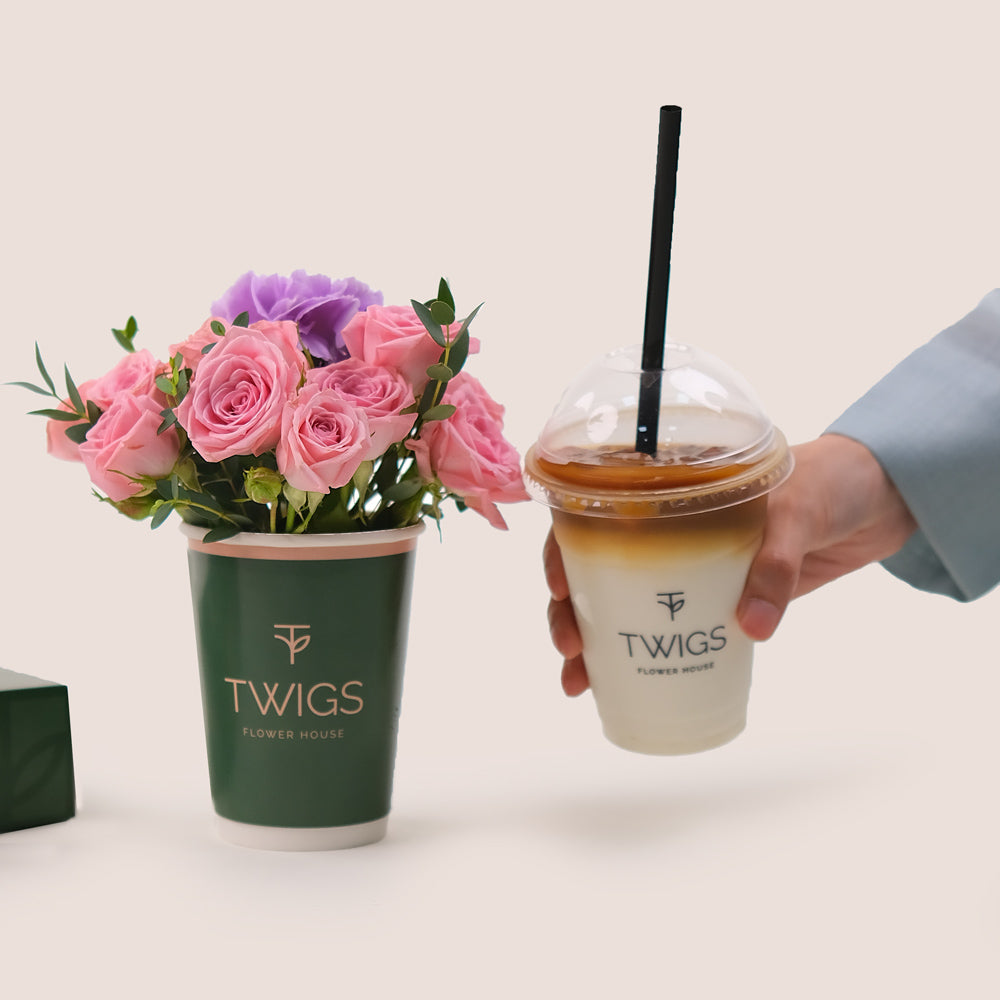 Floral Latte Duo – Roses & Iced Spanish Latte Gift– A Unique and Refreshing Gift Experience