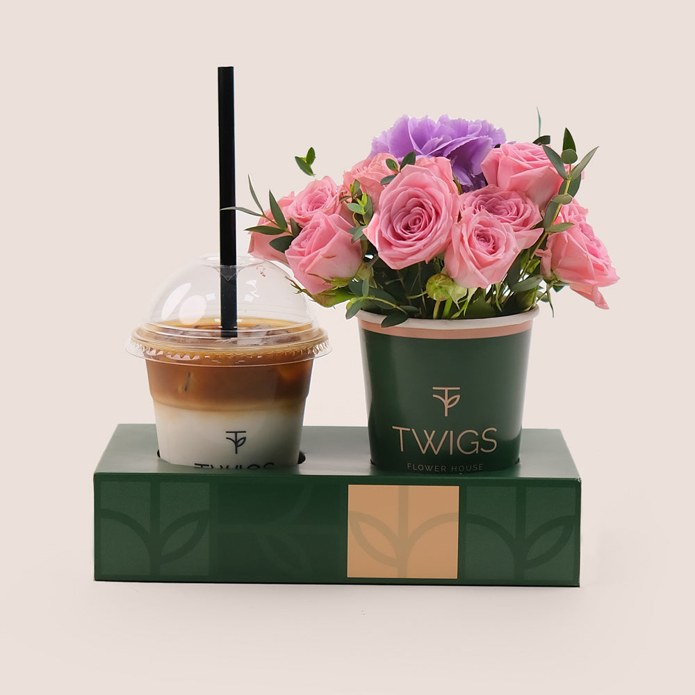 Floral Latte Duo – Roses & Iced Spanish Latte Gift– A Unique and Refreshing Gift Experience