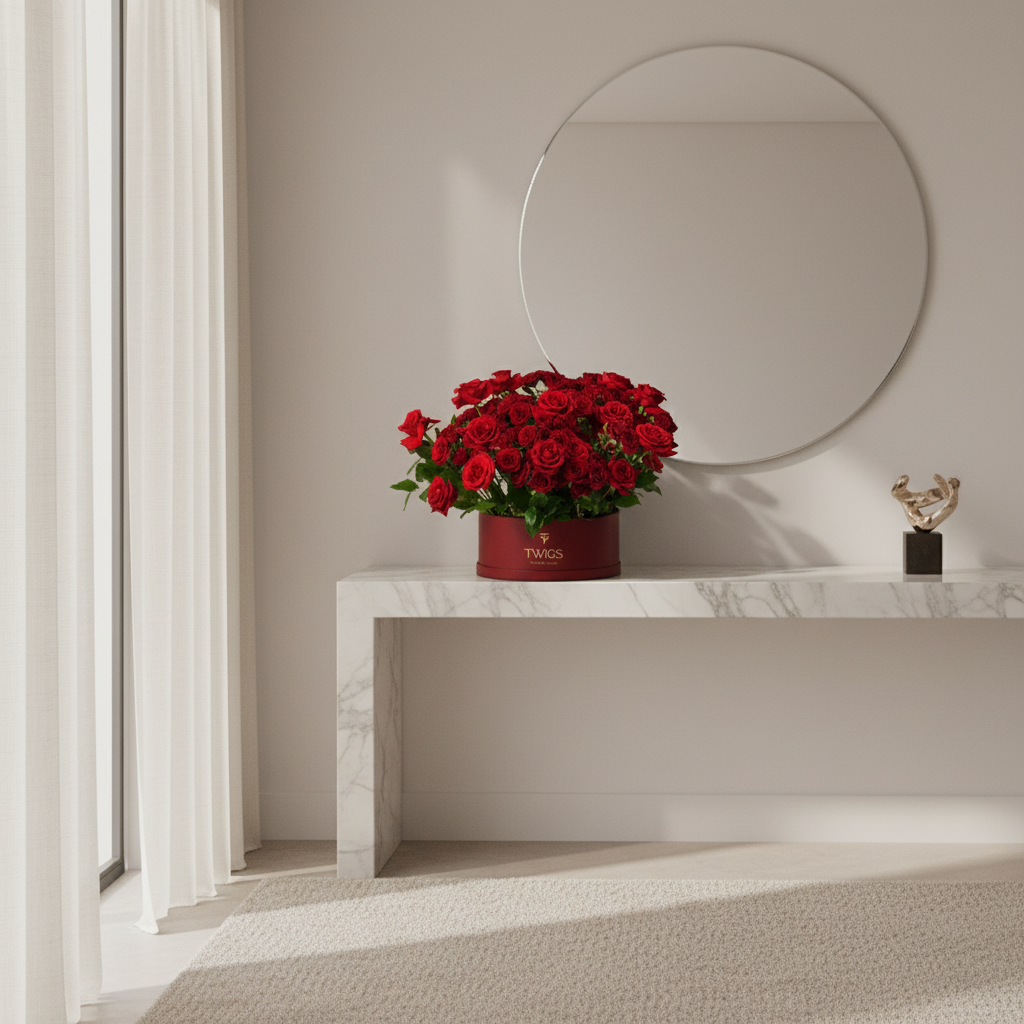 Premium Red Roses Grande Round Box in Elegant Interior