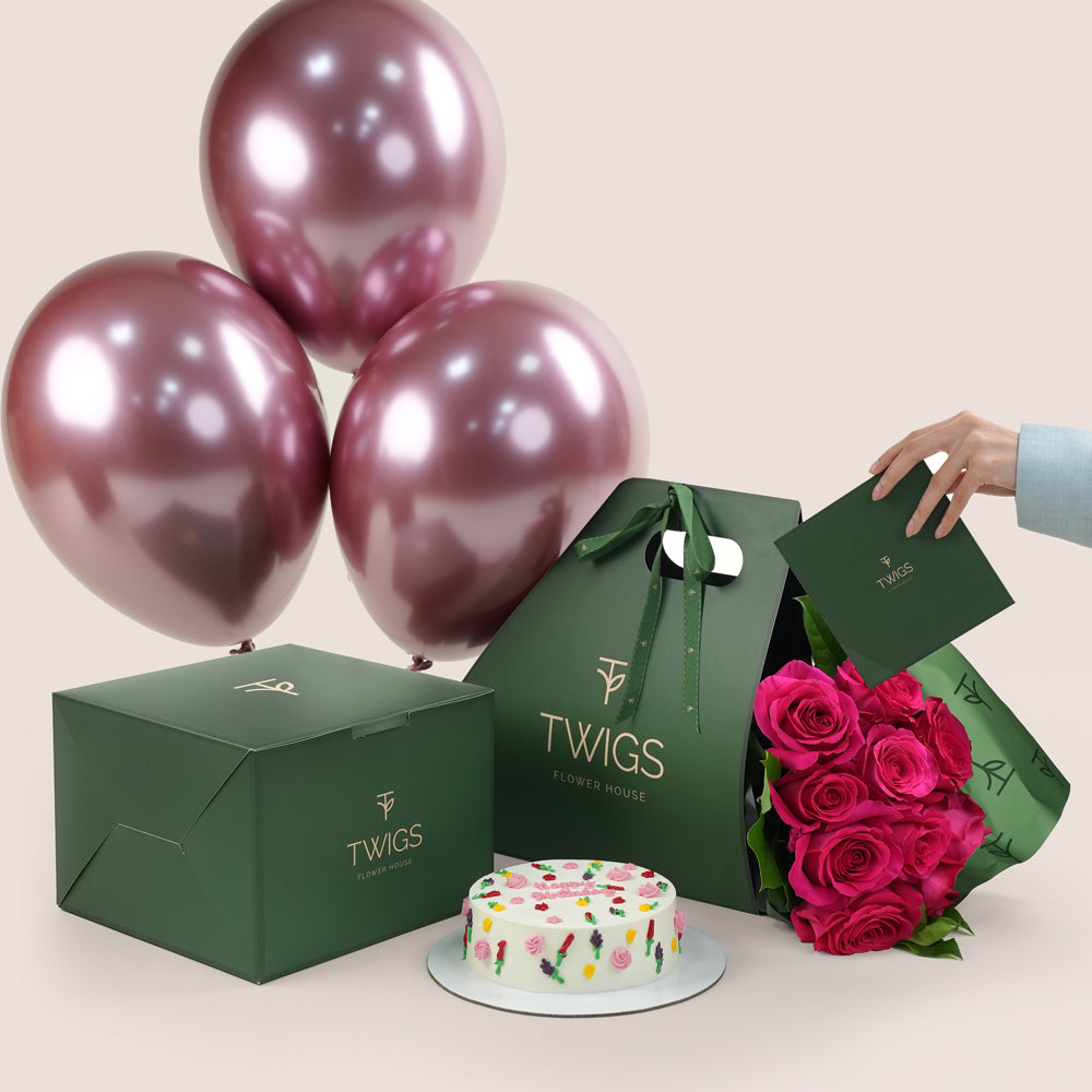 Premium birthday cake with fuchsia roses