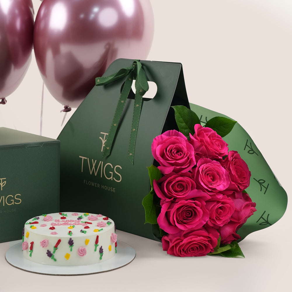 Premium birthday cake with fuchsia roses