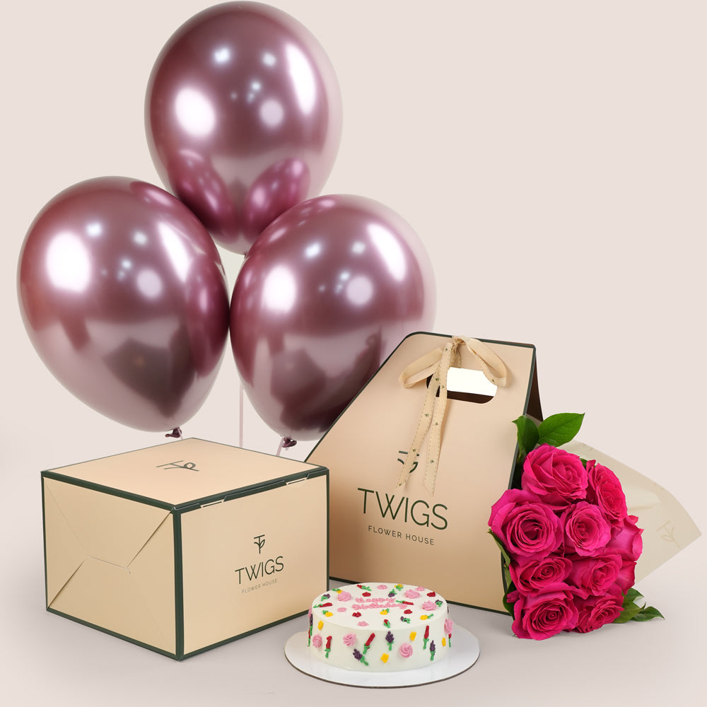 Premium birthday cake with fuchsia roses