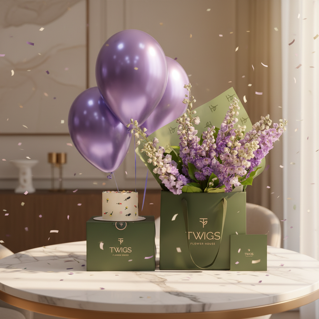 Purple Delphiniums Bouquet Birthday Bundle on Marble Table