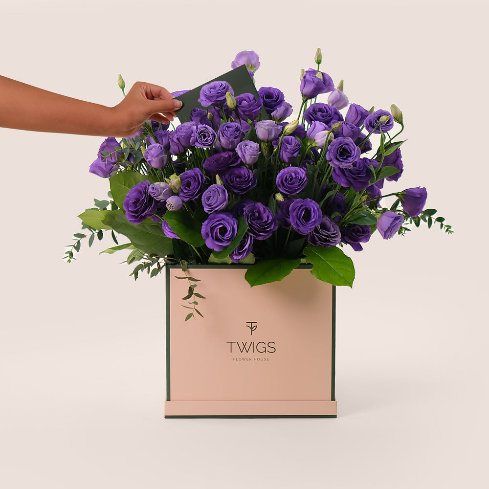 Purple Elegance – Square Box Bouquet of Purple Lisianthus