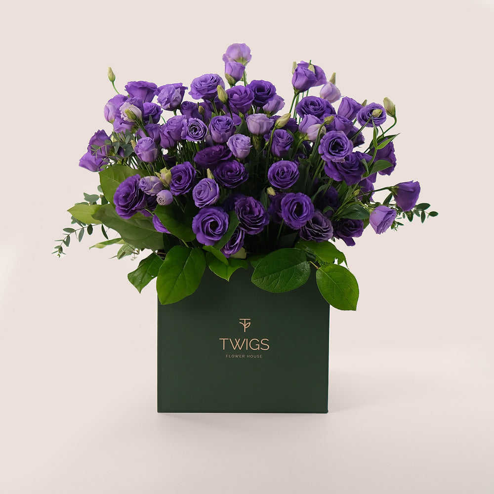 Purple Elegance – Square Box Bouquet of Purple Lisianthus